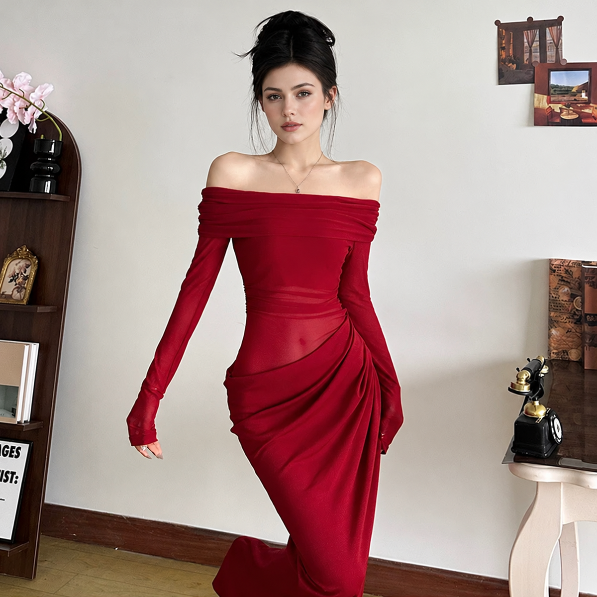 Off-Shoulder Mesh Cutout Bodycon Maxi Dress - Wine