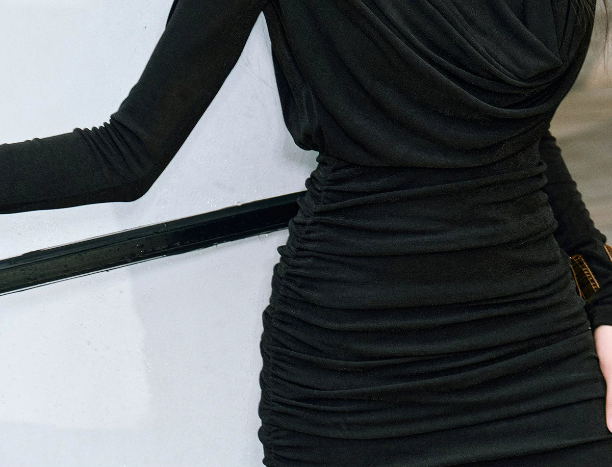 Cowl Neck Ruched Long Sleeve Mini Dress - garment detail or back view