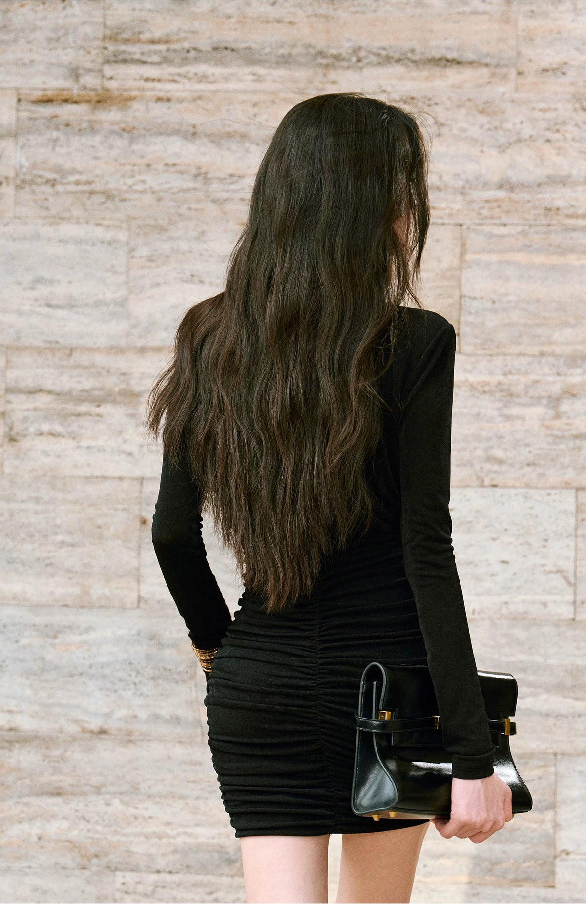 Cowl Neck Ruched Long Sleeve Mini Dress - garment detail or back view