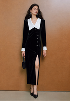 Contrast Collar Velvet Slit Maxi Dress - Black