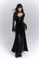 Gothic V-Neck Lace Long-Sleeve Maxi Dress - Black