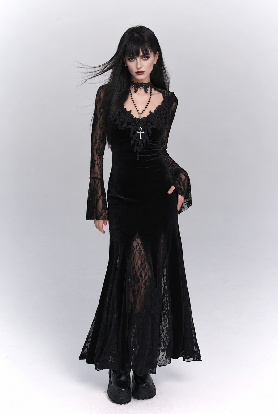 Gothic V-Neck Lace Long-Sleeve Maxi Dress