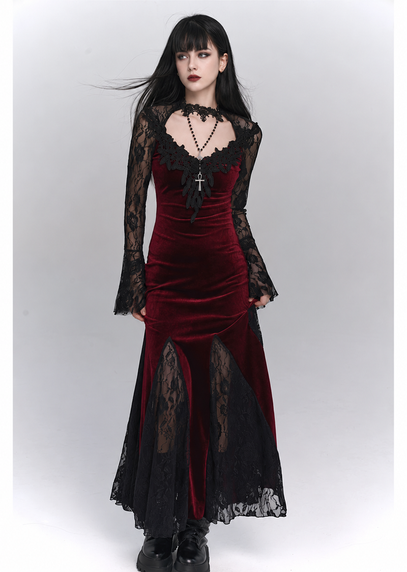 Gothic V-Neck Lace Long-Sleeve Maxi Dress - Burgundy