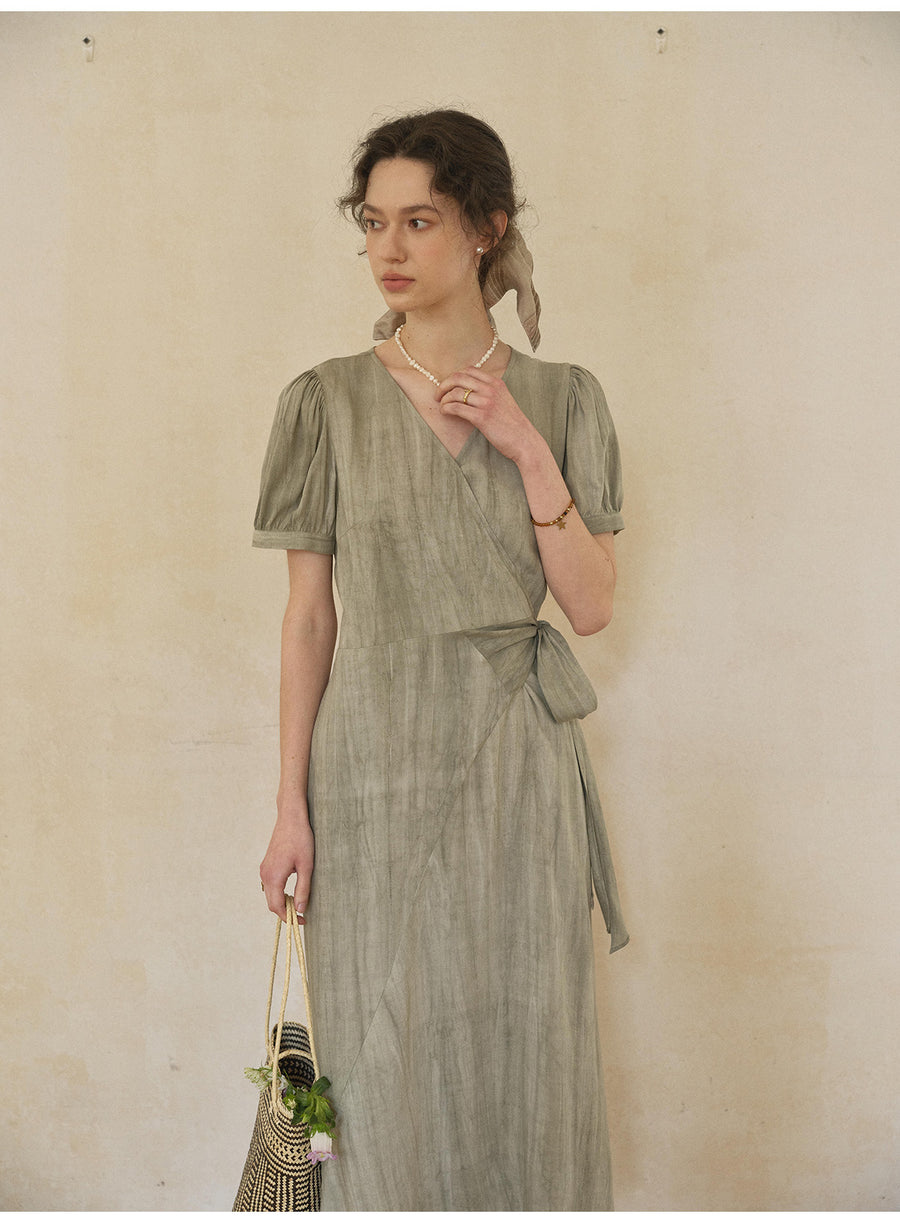 French Tie-Dye Wrap V-Neck Midi Dress