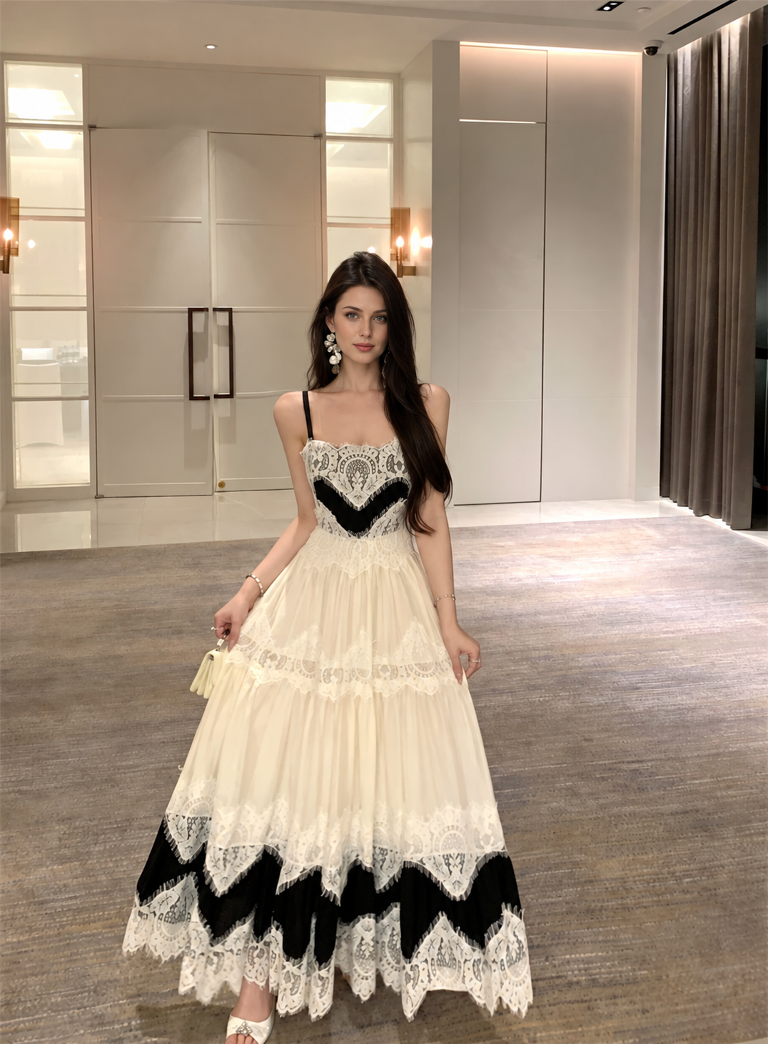 Black and Cream Lace-Trim Tiered Maxi Dress, black and cream, front view