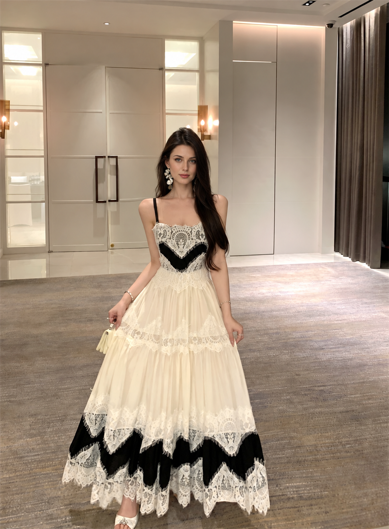 Black and Cream Lace-Trim Tiered Maxi Dress, black and cream, front view