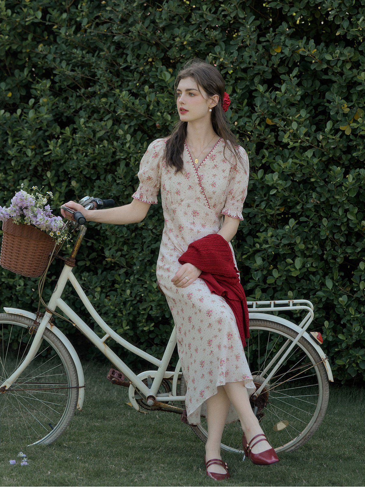 Women's French Floral Print Midi Dress | V-Neck Puff Sleeve Tea Party Dress