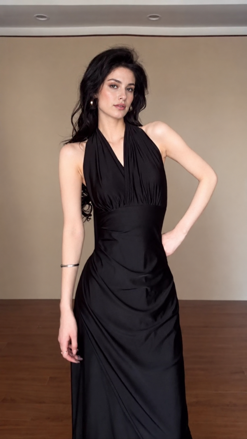 Convertible Ruched Evening Maxi Dress - Black