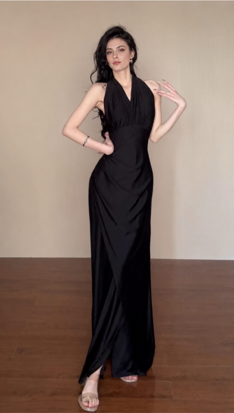 Convertible Ruched Evening Maxi Dress - Black