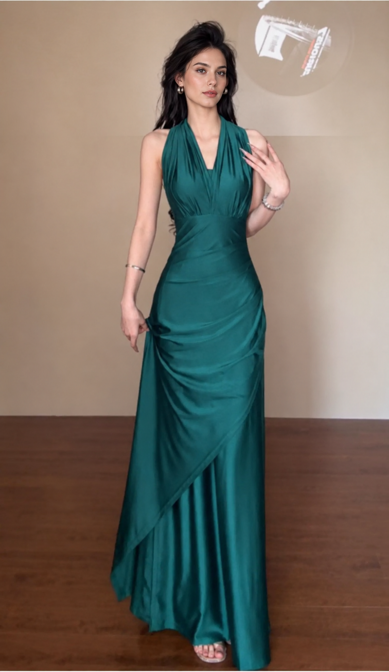 Convertible Ruched Evening Maxi Dress - Green
