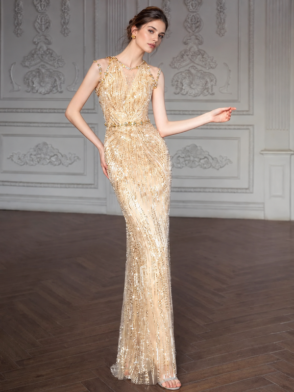 Gold Beaded Sleeveless Mermaid Evening Gown - Gold