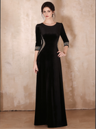 Black Velvet Scoop-Neck Three-Quarter-Sleeve Maxi Dress - Black