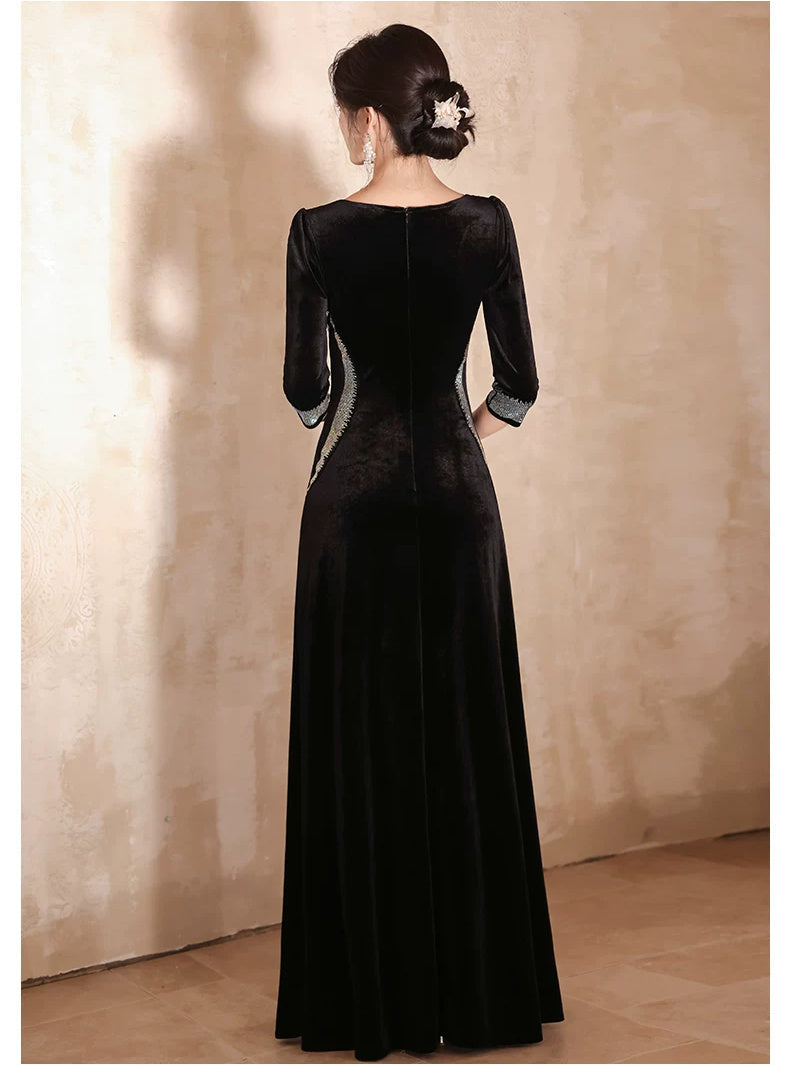 Black Velvet Scoop-Neck Three-Quarter-Sleeve Maxi Dress - garment detail