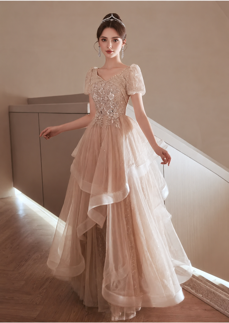Champagne Asymmetric Tiered-Ruffle Tulle Maxi Dress - Champagne