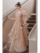 Champagne Asymmetric Tiered-Ruffle Tulle Maxi Dress - Champagne