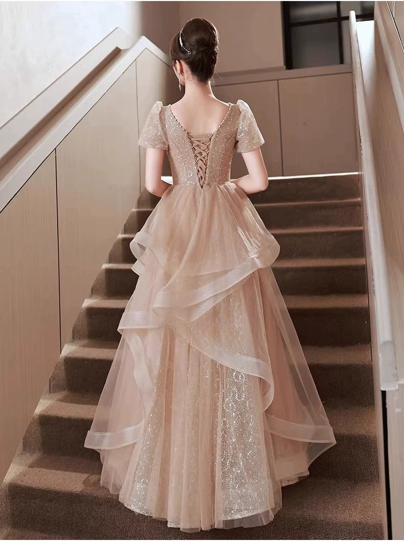 Champagne Asymmetric Tiered-Ruffle Tulle Maxi Dress - garment detail