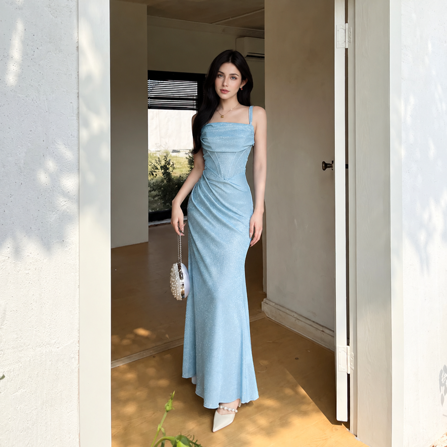 Blue Cowl-Neck Ruched Strap Maxi Dress