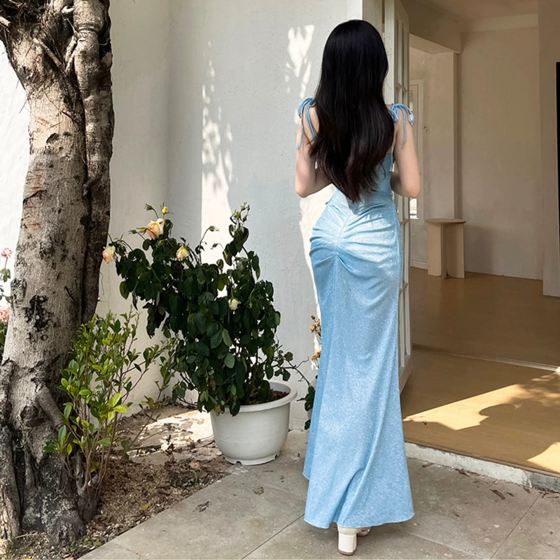 Blue Cowl-Neck Ruched Strap Maxi Dress - garment detail