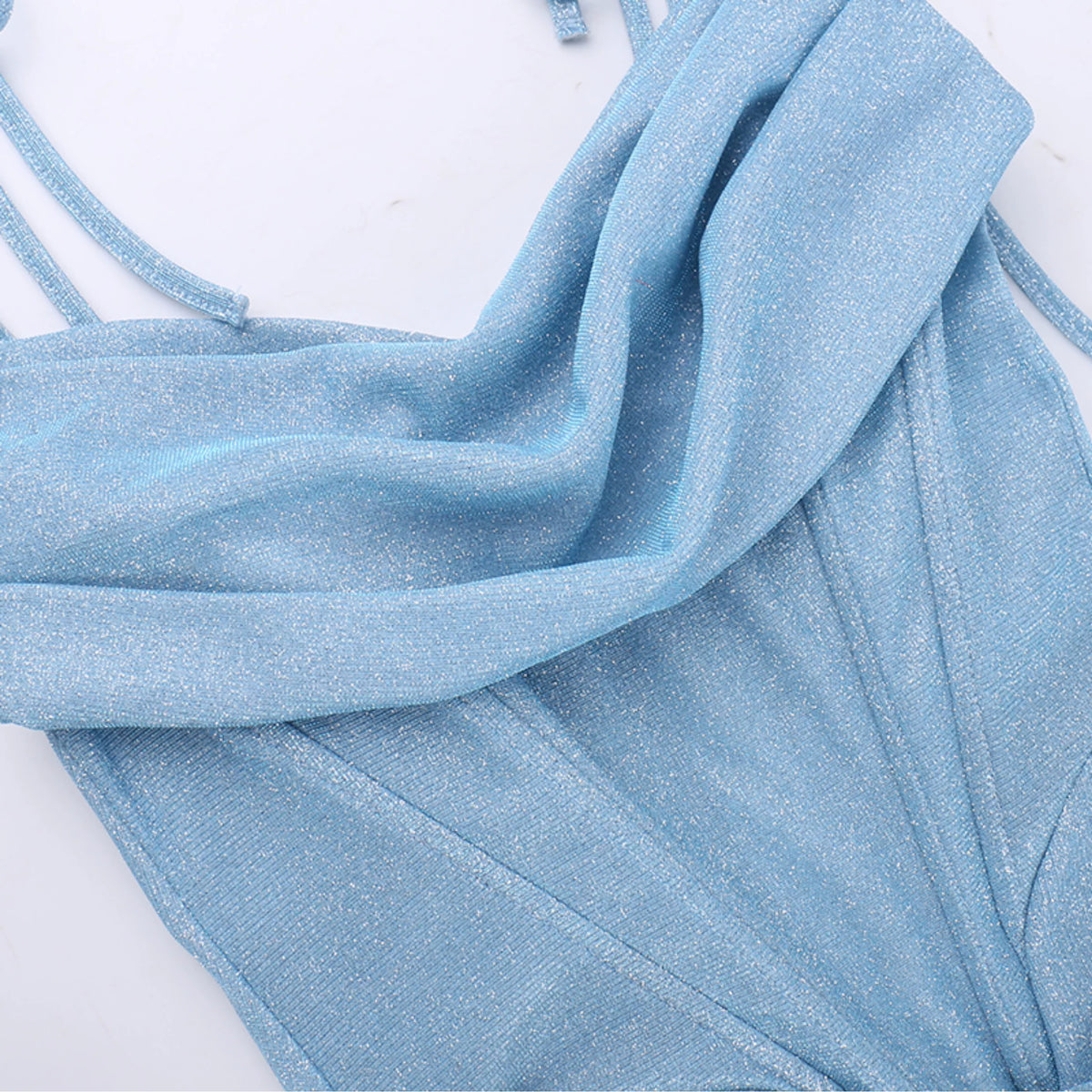 Blue Cowl-Neck Ruched Strap Maxi Dress - garment detail