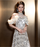 Silver Sequin Floral-Ruffle Halter Maxi Dress - Silver and Ivory
