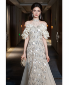 Silver Sequin Floral-Ruffle Halter Maxi Dress - Silver and Ivory