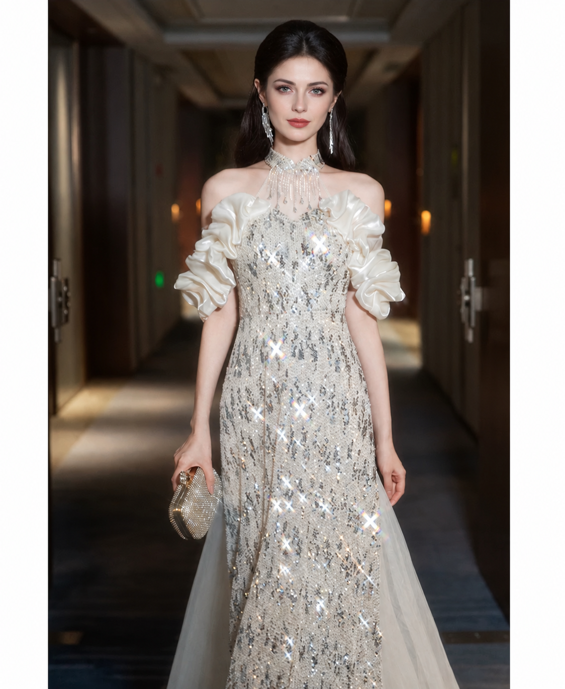 Silver Sequin Floral-Ruffle Halter Maxi Dress - Silver and Ivory