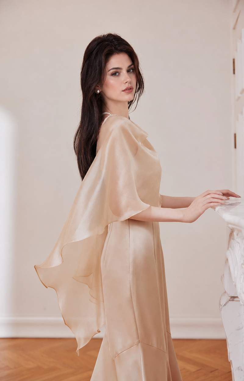 Mermaid Slip Dress with Matching Sheer Overlay - Champagne