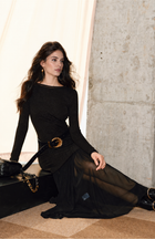 Metallic Knit Ruched Long Sleeve Maxi Dress - Black