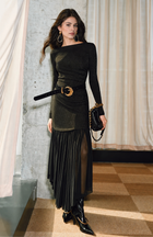 Metallic Knit Ruched Long Sleeve Maxi Dress - Black
