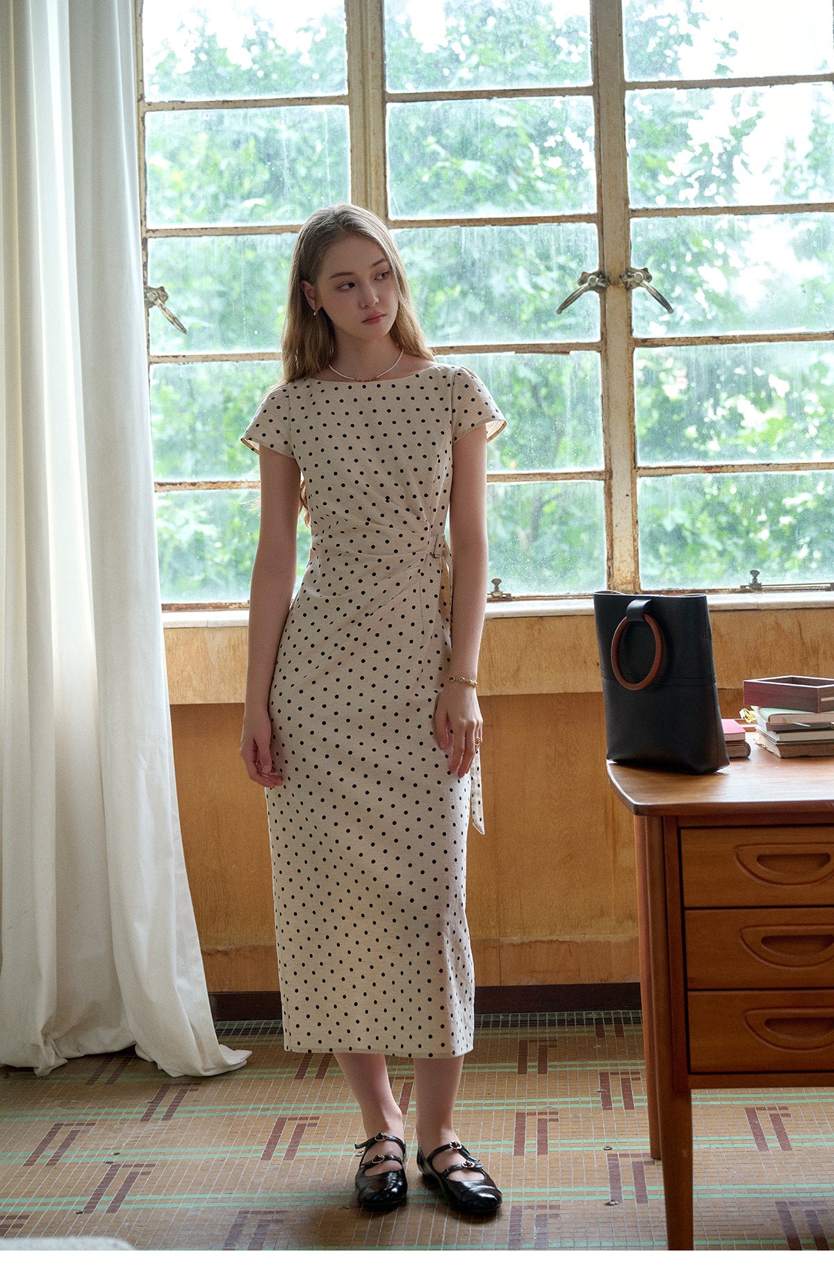 French Polka Dot Linen Blend Ruched Waist Midi Dress