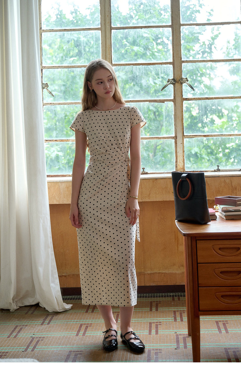 French Polka Dot Linen Blend Ruched Waist Midi Dress