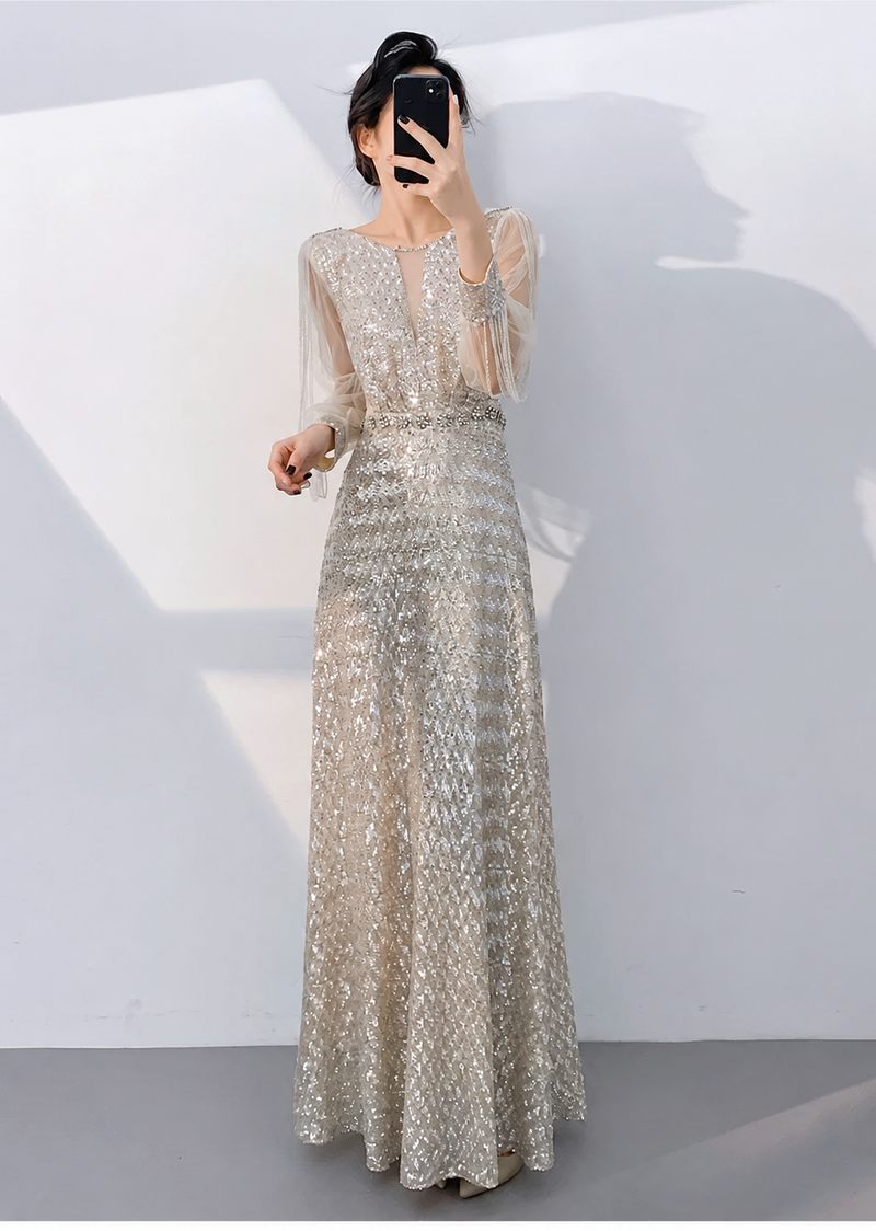 Silver Sequin Long-Sleeve A-Line Maxi Dress - Apricot Silver