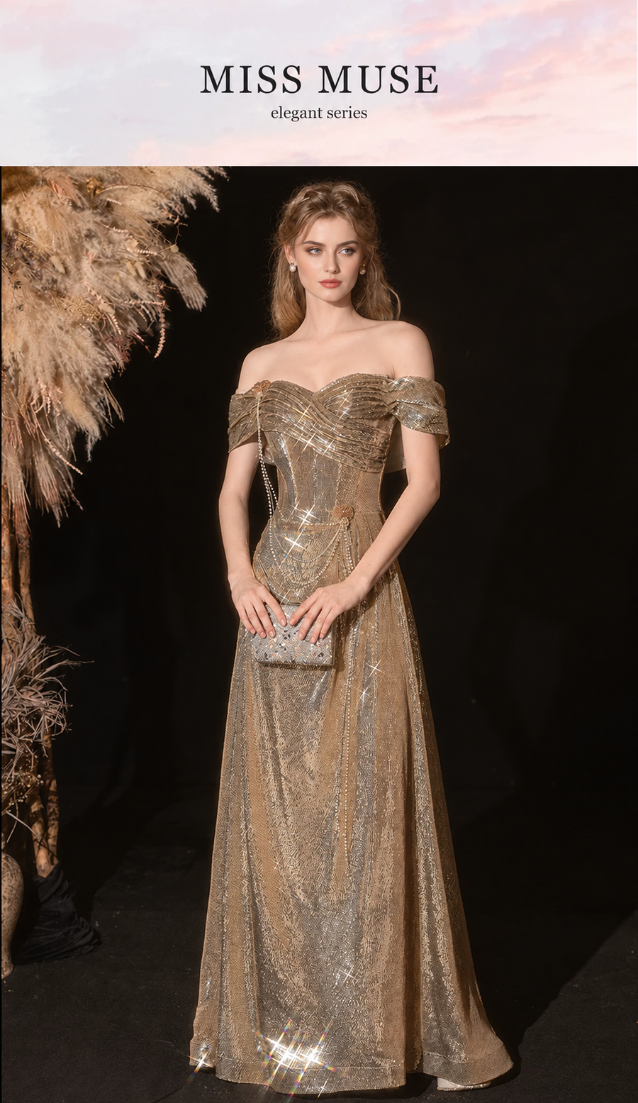 Gold Off-Shoulder Corset Mermaid Maxi Dress