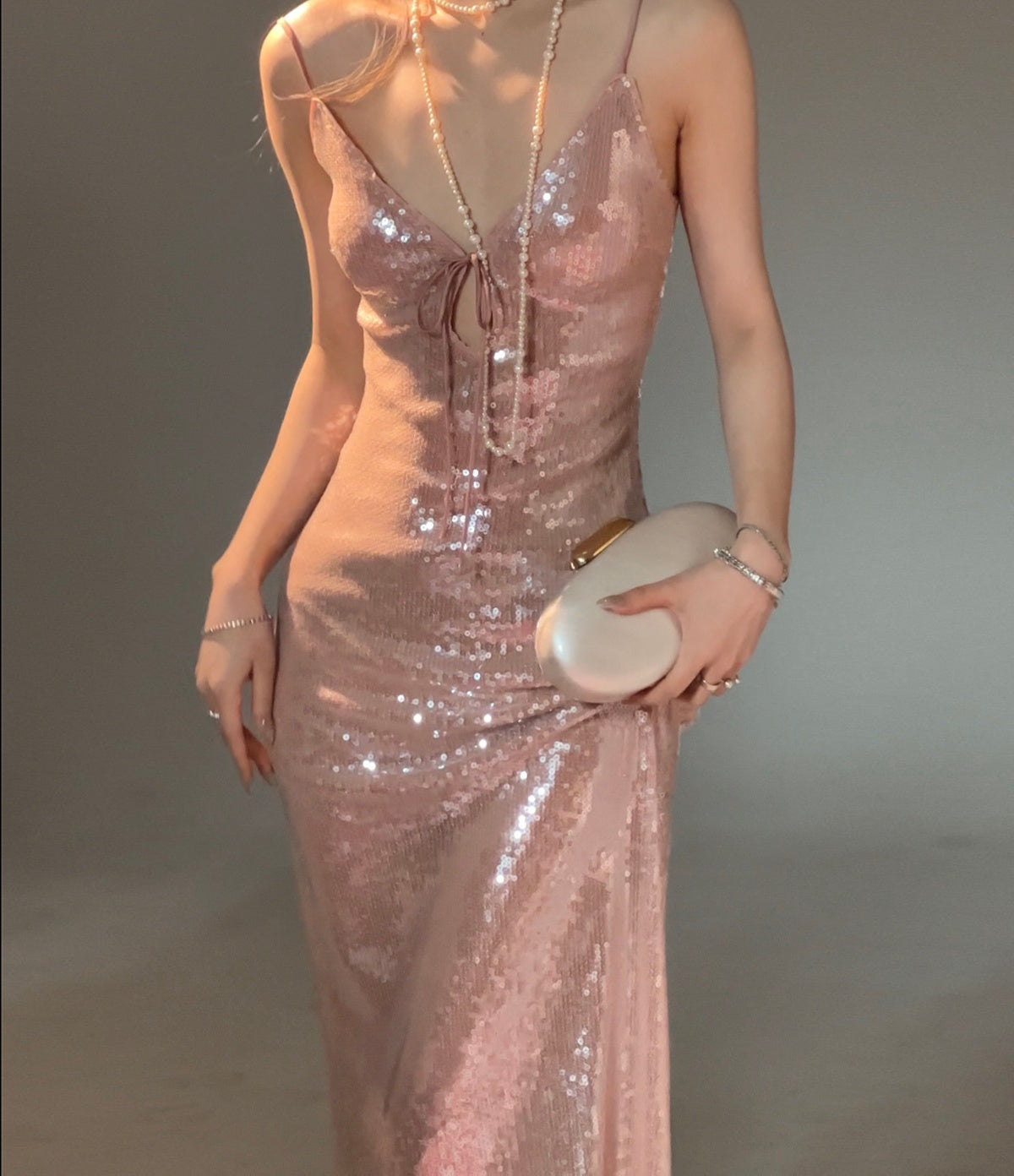 Blush Sequin V-Neck Strap Midi Dress - garment detail