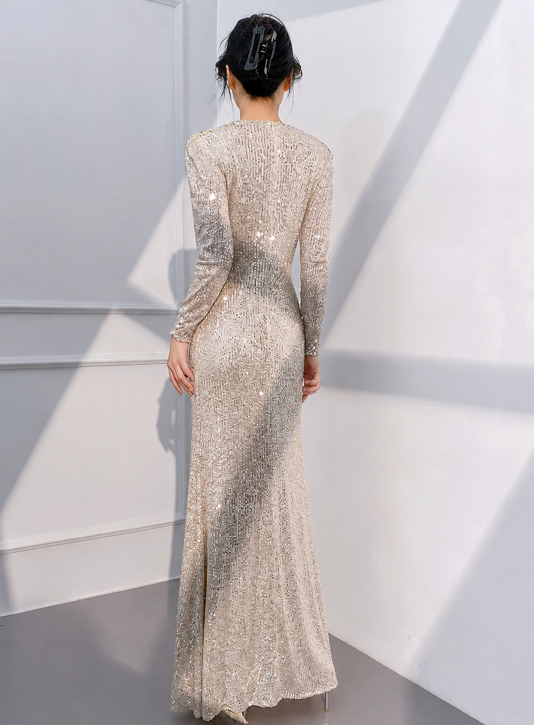 Apricot Silver Sequin Long-Sleeve Mermaid Maxi Dress - Apricot Silver