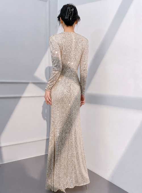 Apricot Silver Sequin Long-Sleeve Mermaid Maxi Dress - Apricot Silver