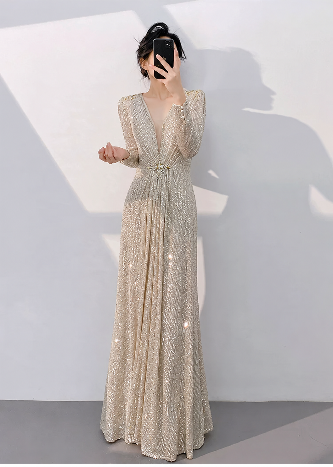 Apricot Silver Sequin Long-Sleeve Mermaid Maxi Dress - Apricot Silver