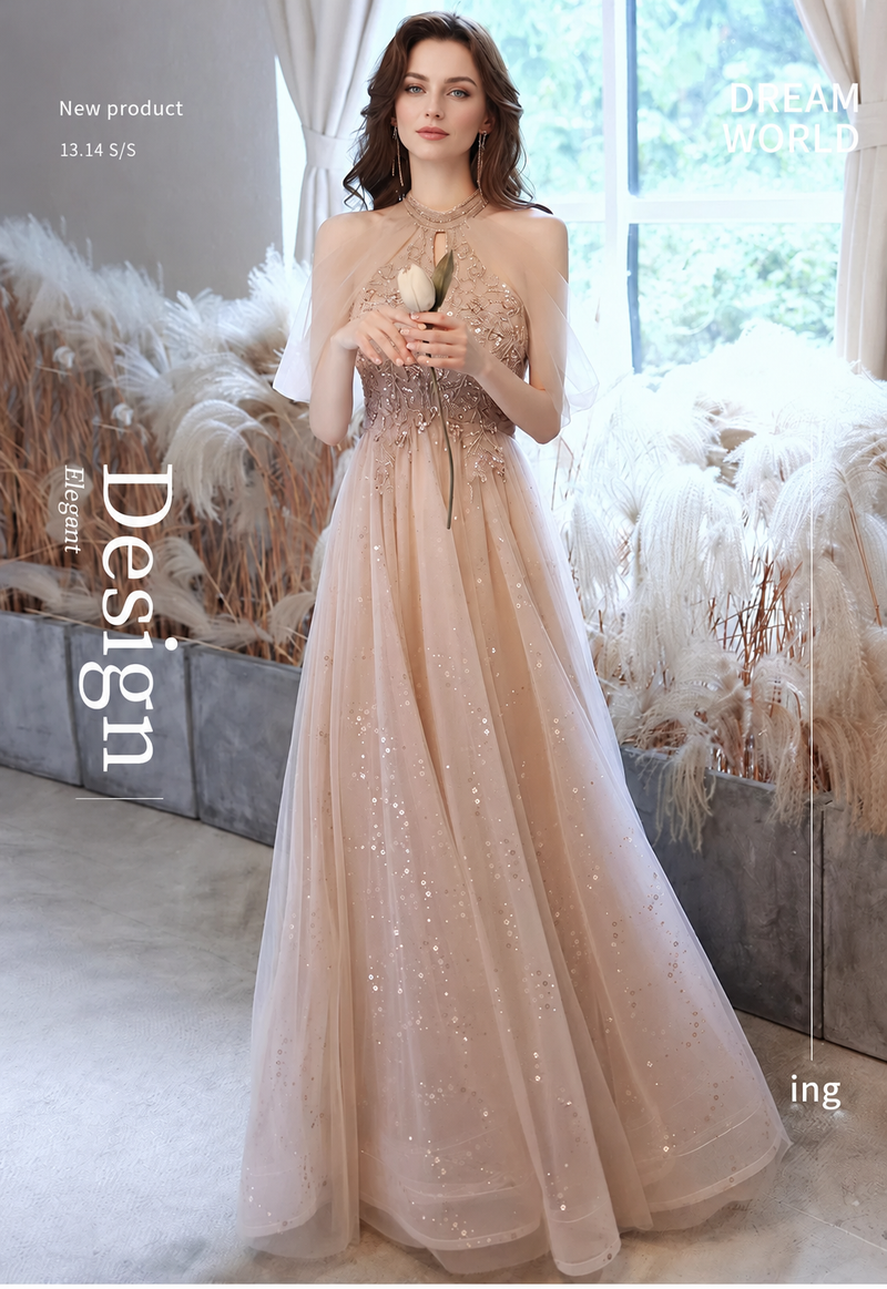 Champagne Pink Halter Tulle Maxi Dress - Champagne Pink