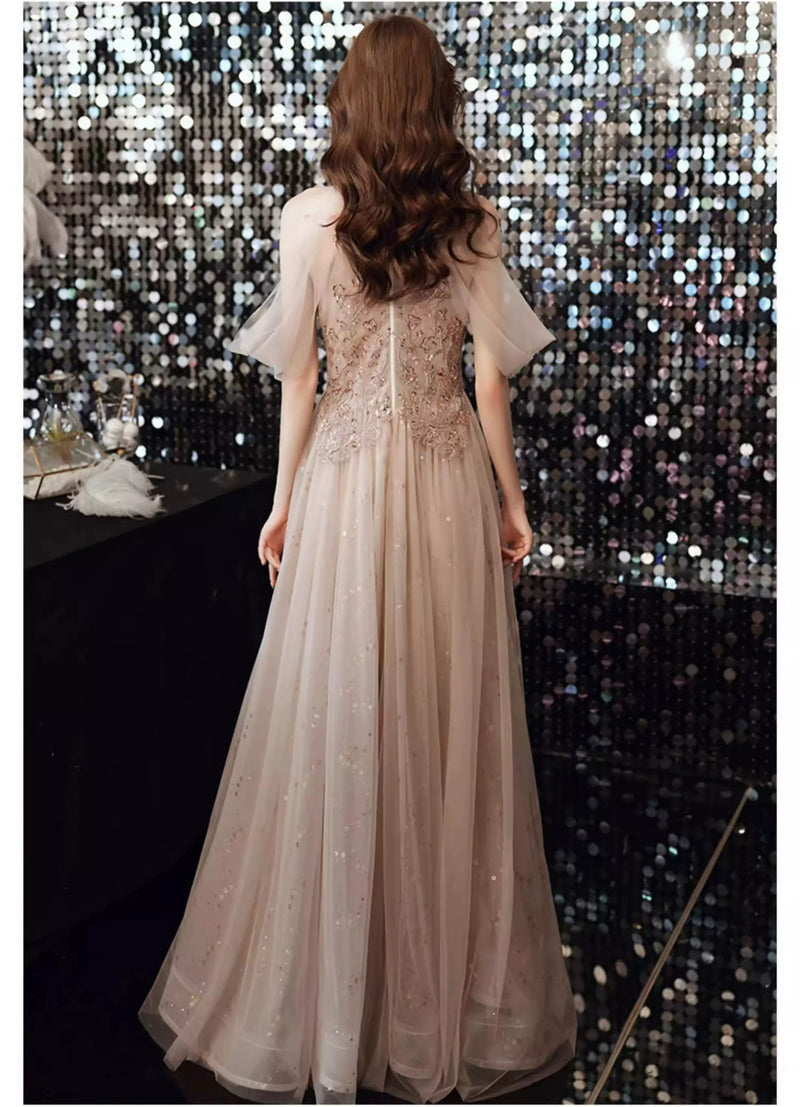 Champagne Pink Halter Tulle Maxi Dress - garment detail