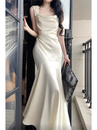 White Cowl-Neck Satin Mermaid Maxi Dress - garment view
