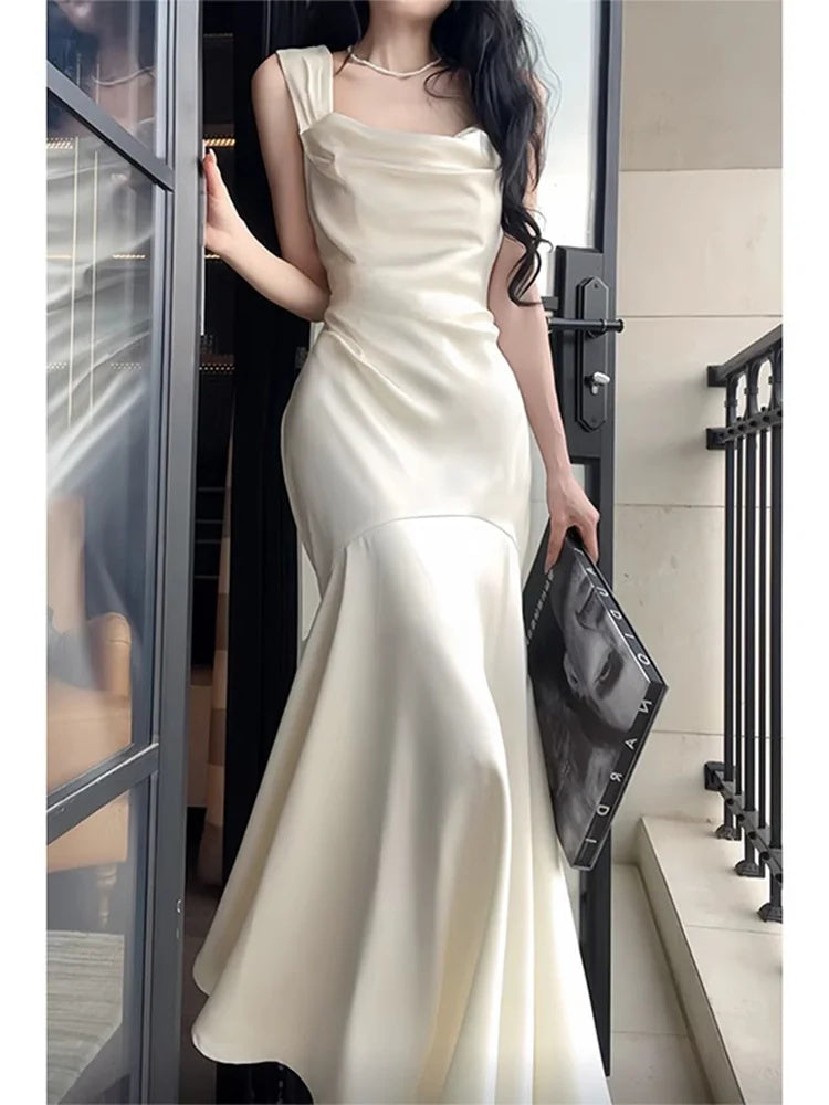 White Cowl-Neck Satin Mermaid Maxi Dress - garment view