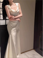 White Cowl-Neck Satin Mermaid Maxi Dress - garment detail