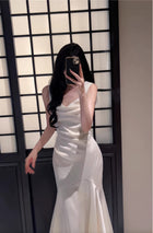 White Cowl-Neck Satin Mermaid Maxi Dress - garment detail