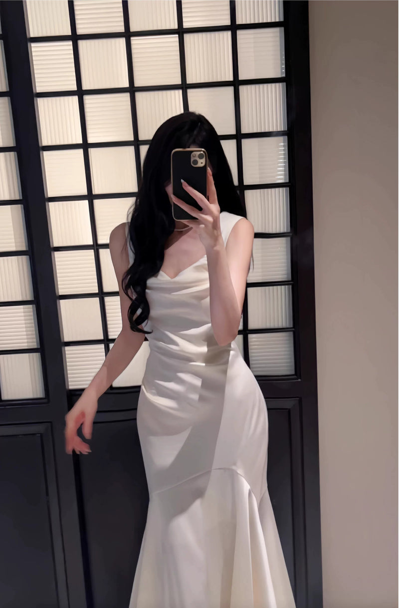 White Cowl-Neck Satin Mermaid Maxi Dress - garment detail
