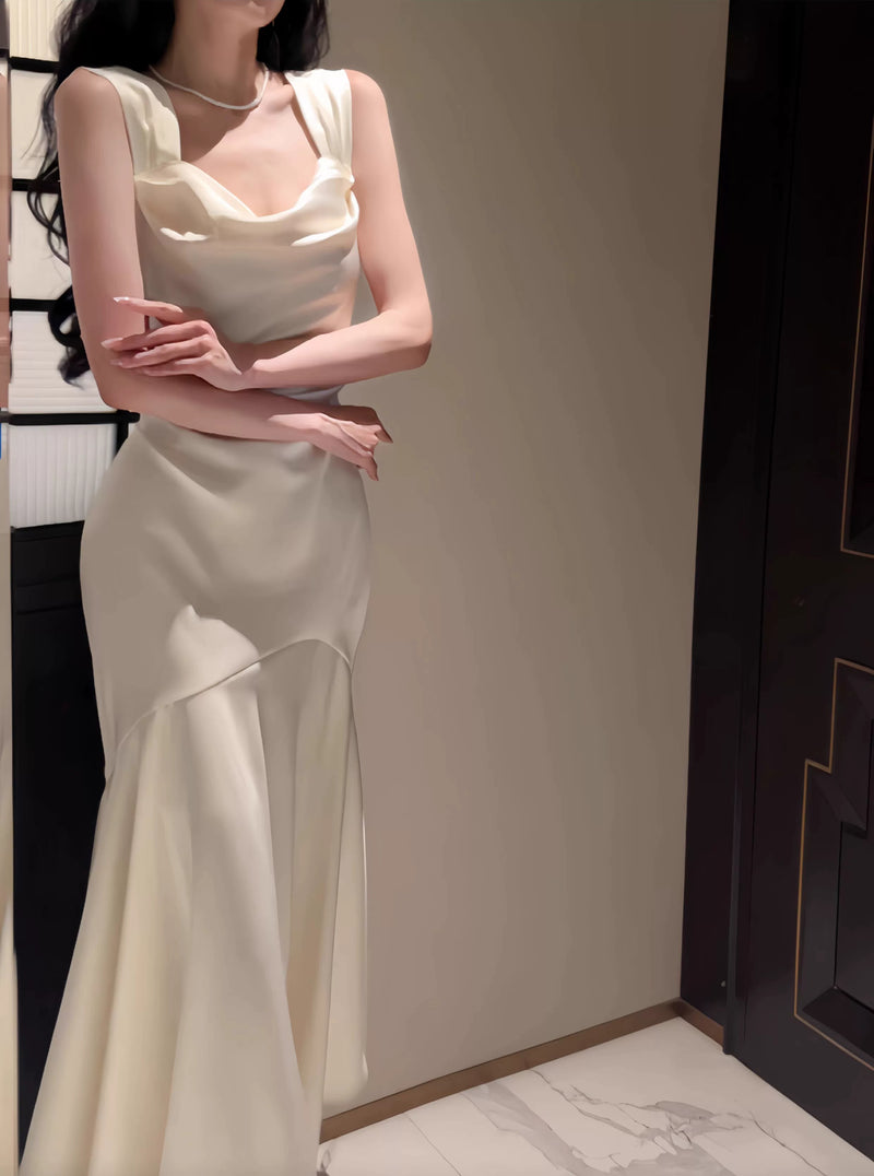 White Cowl-Neck Satin Mermaid Maxi Dress - garment detail
