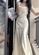White Cowl-Neck Satin Mermaid Maxi Dress - garment detail