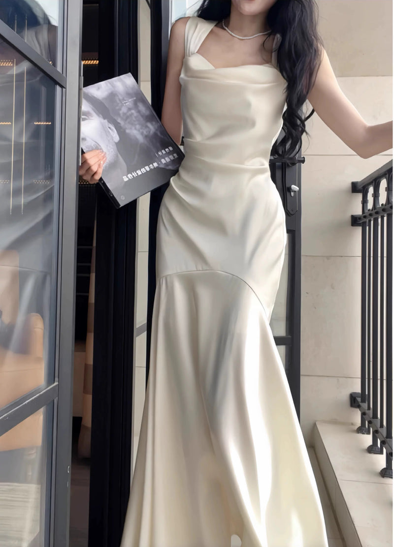 White Cowl-Neck Satin Mermaid Maxi Dress - garment detail