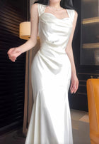 White Cowl-Neck Satin Mermaid Maxi Dress - garment detail