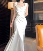 White Cowl-Neck Satin Mermaid Maxi Dress - garment detail