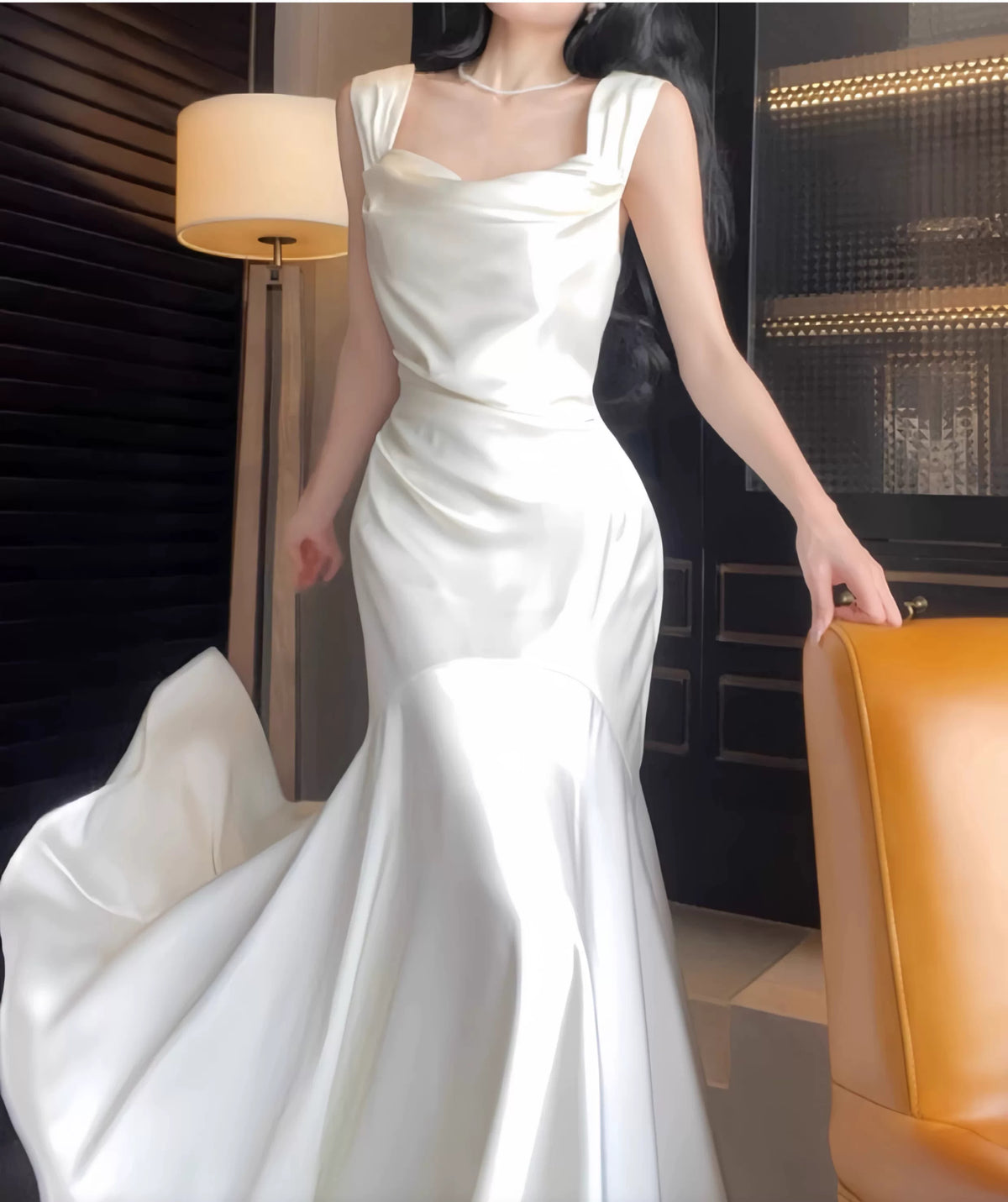 White Cowl-Neck Satin Mermaid Maxi Dress - garment detail
